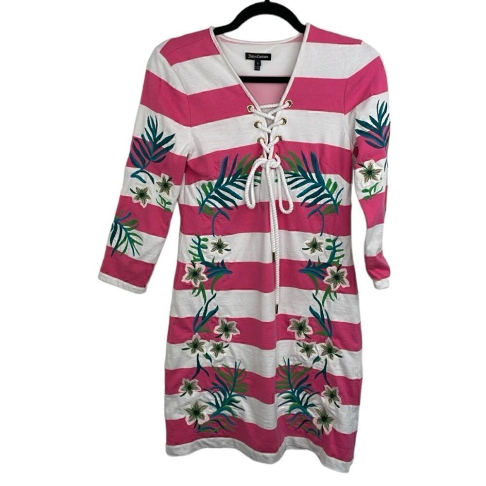 Y2K Juicy Couture Passion Pink/White Stripe Hibiscus Embroidered Dress Small